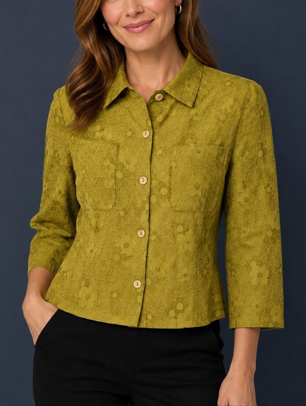 Vtg EVAN PICONE 1960s Lime Green Floral Jacquard Button-Up Shacket